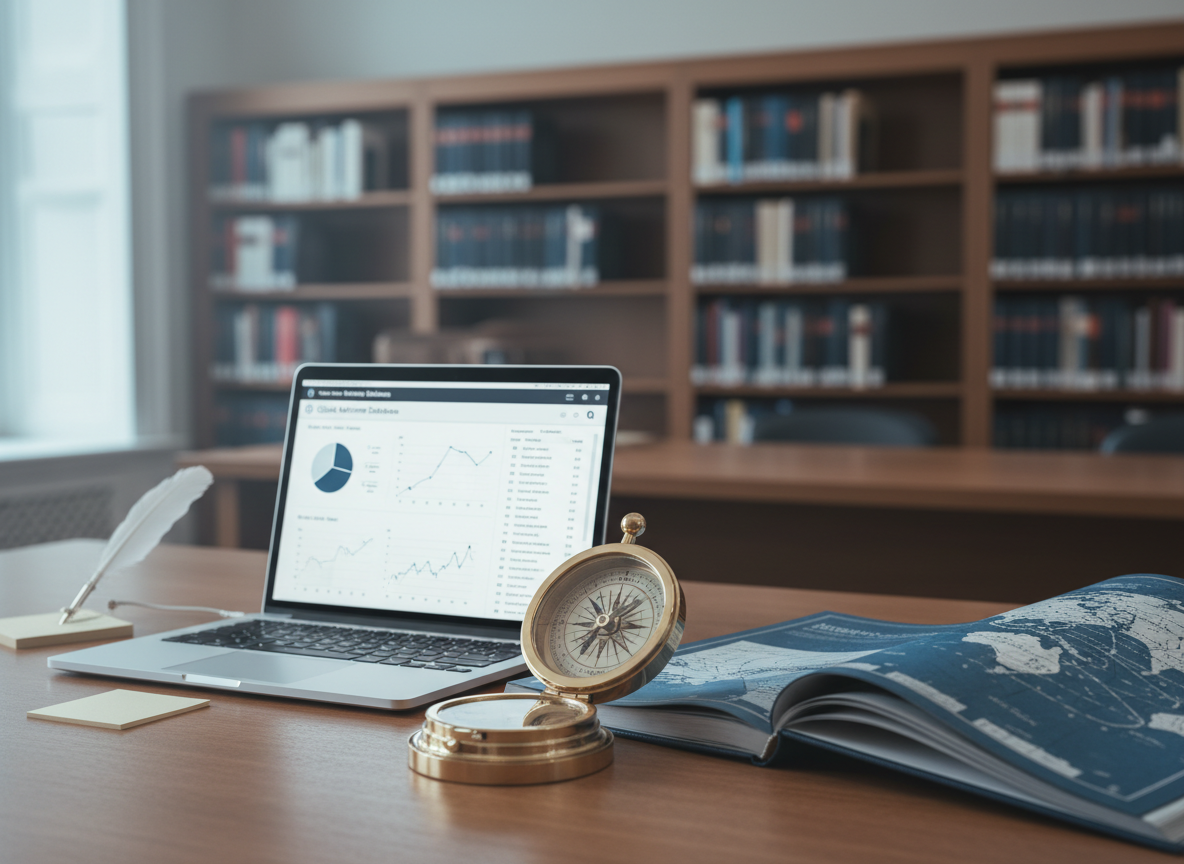 A meticulously organized maritime-themed research desk in a quiet public library, captured in photographic realism. An antique brass ship’s compass and a deep-blue linen-bound atlas lie open on a smooth walnut table, alongside a sleek silver laptop displaying a minimal dashboard of charts and catalog records. Behind, tall bookshelves of navy and cream volumes fade into a soft blur. Cool, diffused daylight enters from an unseen window, creating gentle reflections on the compass and laptop bezel. The mood is focused and sophisticated, suggesting strategic consulting and calm precision. Shot at eye level with a slight diagonal, using shallow depth of field to keep the foreground in crisp focus while the background melts into elegant bokeh.