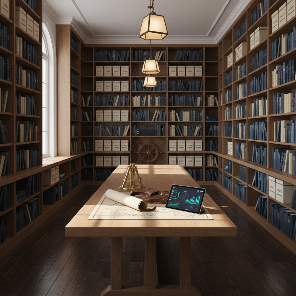 A serene maritime archives reading room blending classic library design with contemporary consulting aesthetics, rendered in clean photographic realism. Floor-to-ceiling shelves hold carefully spaced navy, ivory, and charcoal-gray volumes, interspersed with archival boxes labeled in understated typography. In the center, a long oak table holds a large nautical chart, a polished sextant, and a tablet showing a modern analytics dashboard. Soft overhead pendant lights and cool window light create balanced, diffuse illumination with gentle shadows along the table’s grain. The composition uses the rule of thirds, drawing the eye down the table toward a distant wall-mounted brass ship’s wheel. The atmosphere is strategic, orderly, and quietly luxurious, evoking thoughtful planning and bespoke expertise.